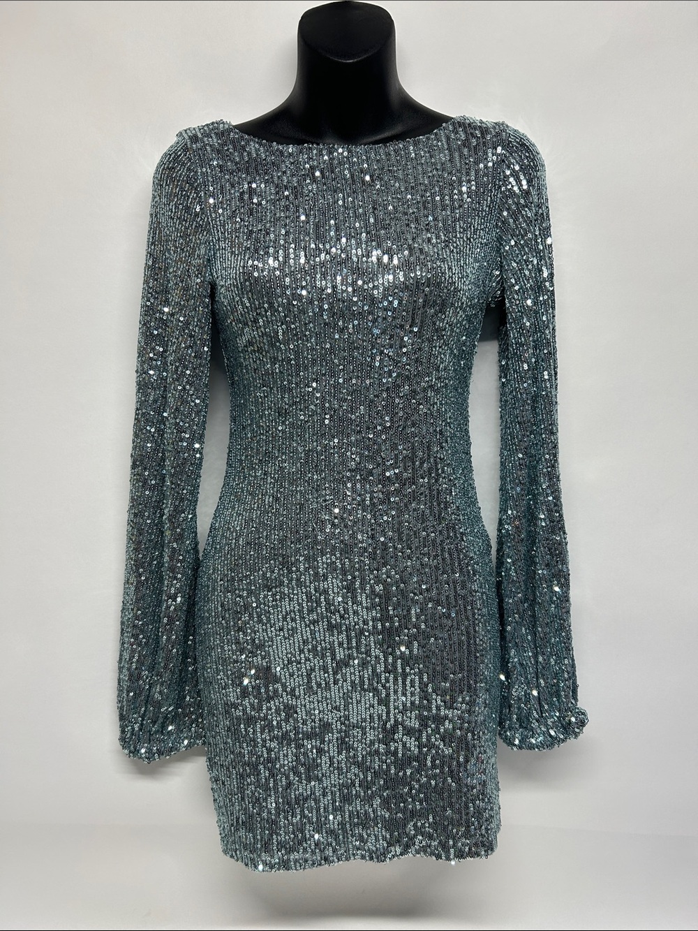 Sequin Long-Sleeve Mini Dress - Silver-Blue club London size 2